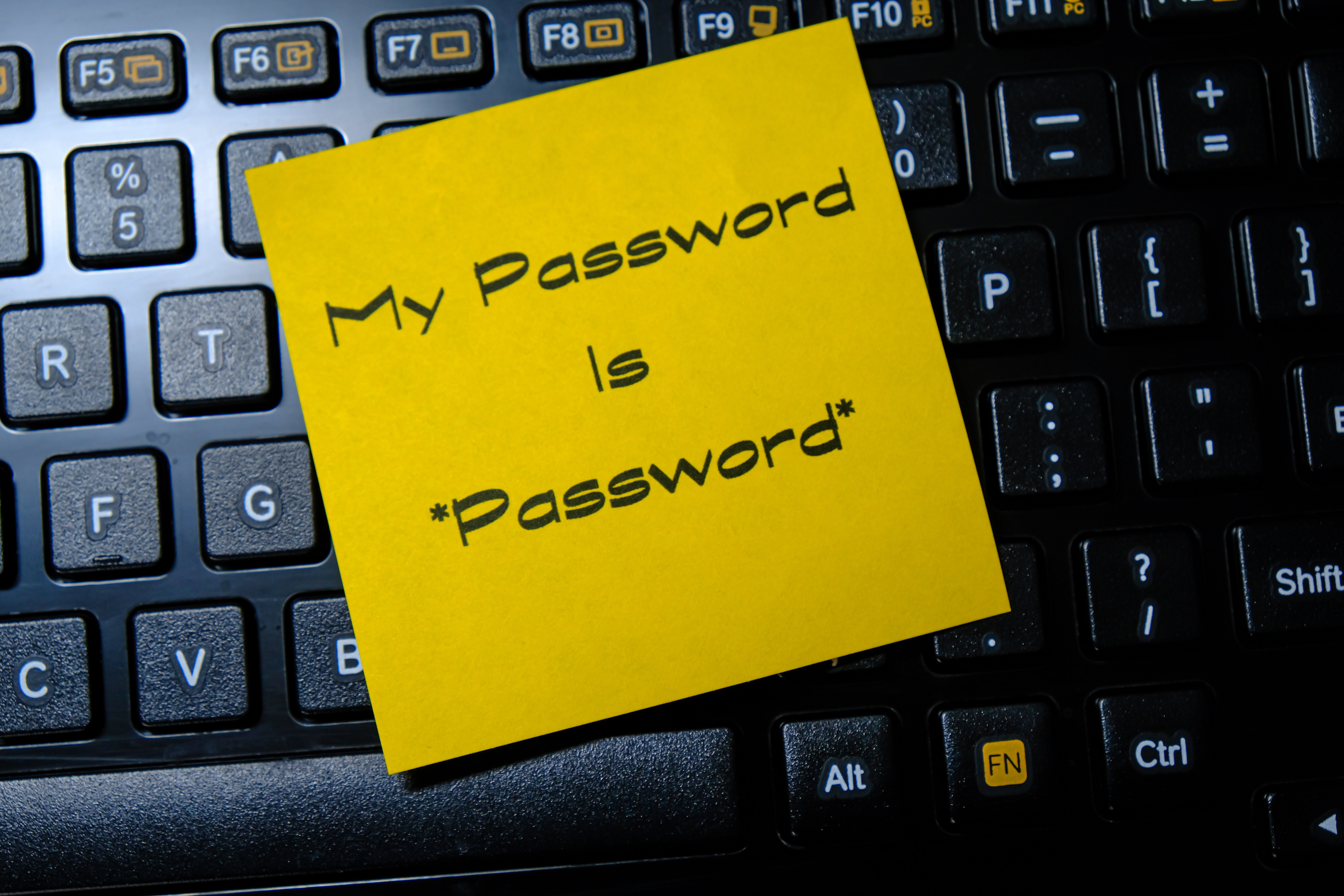 A yellow post-it-note sitting on a black keyboard that reads "My password is "password","