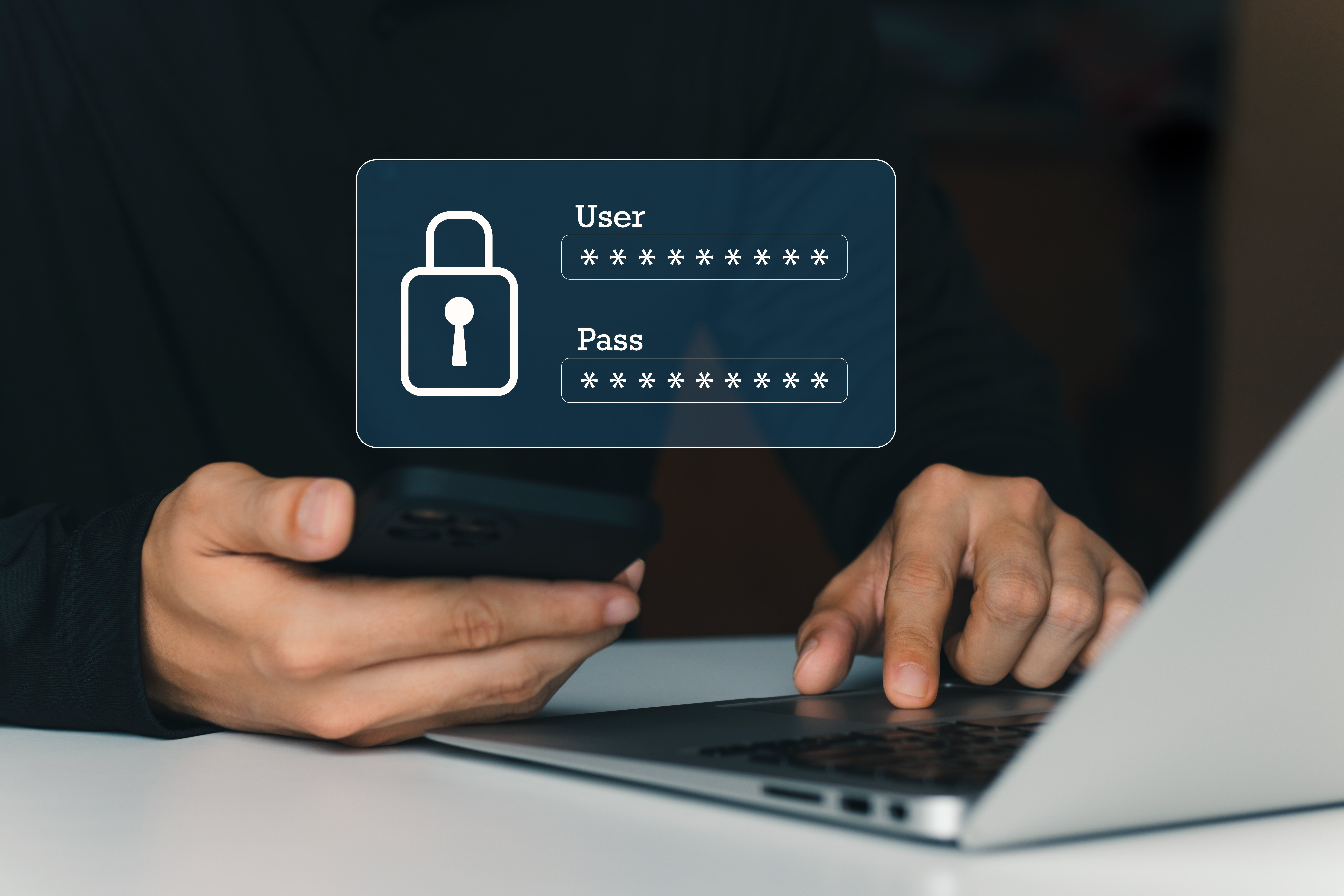 The image shows a person logging in securely, using a laptop and phone. A lock icon and hidden passwords highlight the importance of protecting access to sensitive information.